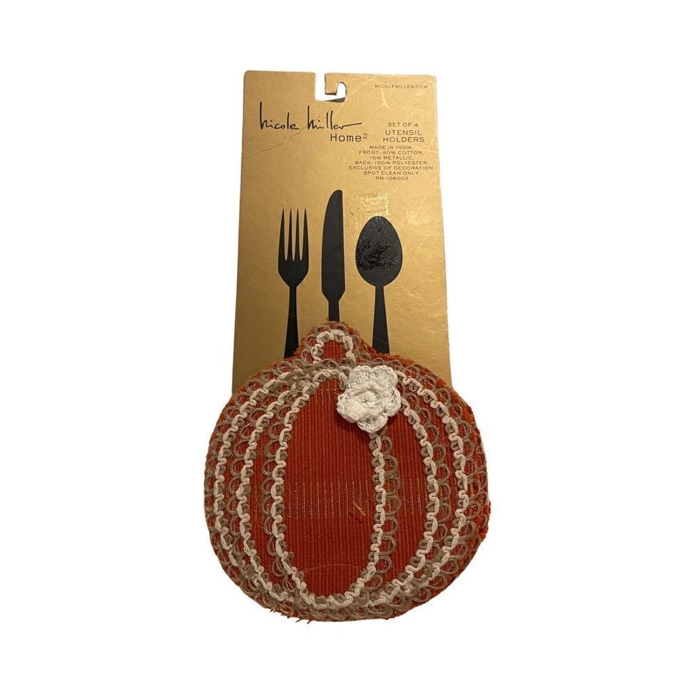 Nicole Miller Home Embroidered Pumpkin Thanksgiving Utensil Holders Set of 4 NWT